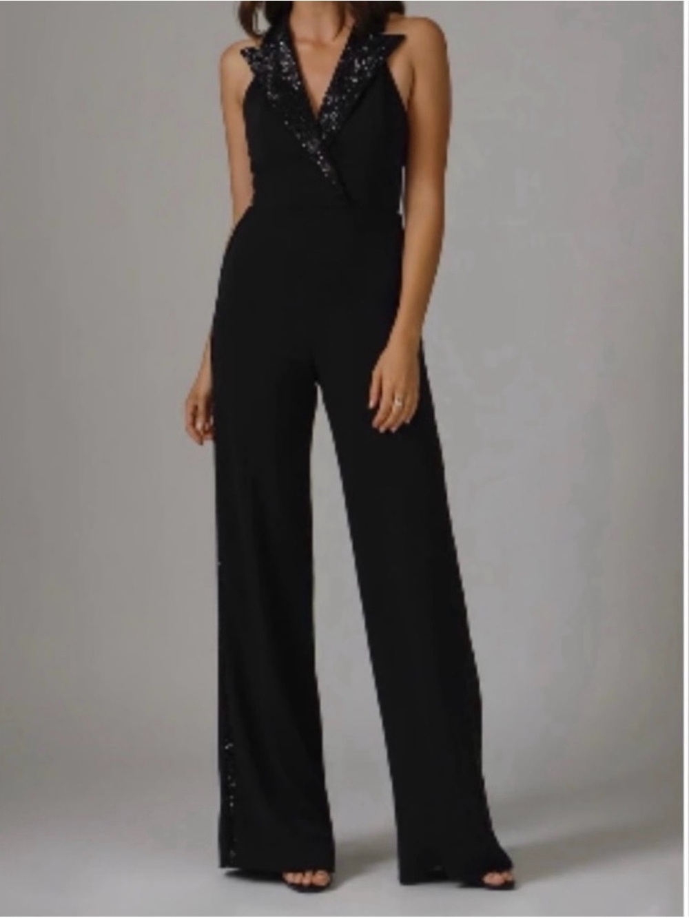JAYGODFREY Black  Tuxedo Sequin-Trim Halter Wide-Leg Jumpsuit Size 0